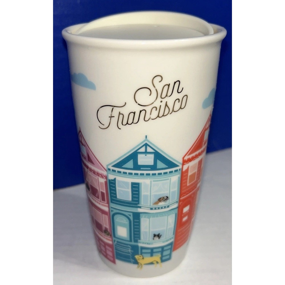 Starbucks San Francisco Painted Ladies & Dogs Ceramic Travel Tumbler Coffee 12